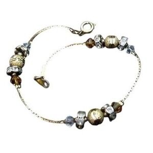 Vintage Sparkly Gold Plated Clear Rhinestone Rondelle Bead Chain Bracelet*7-3/4